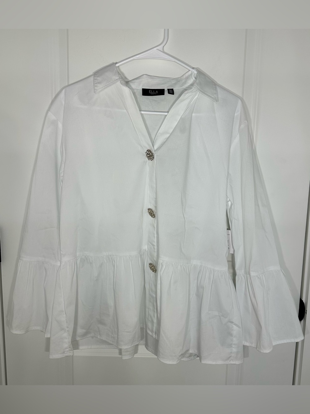 ELLA White Ruffled Button-Front Blouse